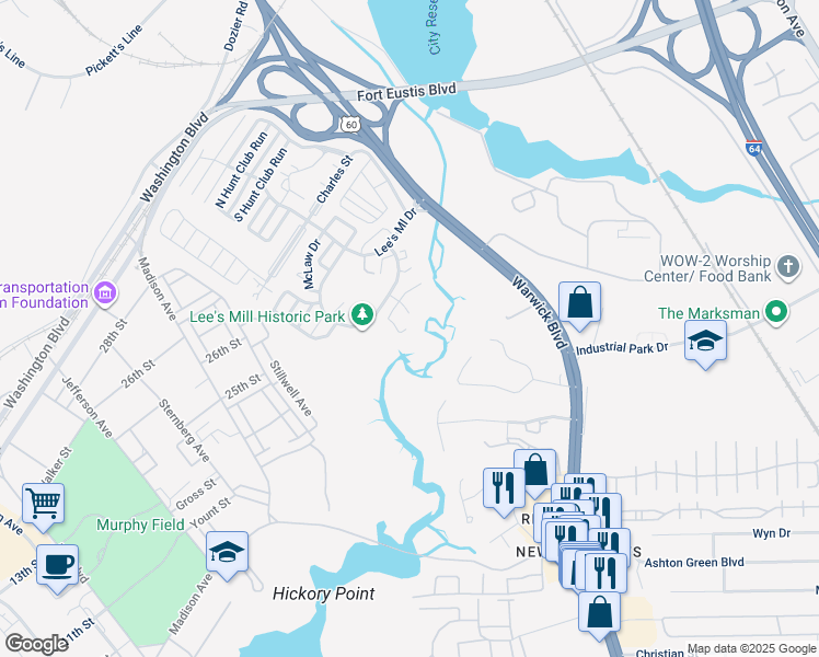 map of restaurants, bars, coffee shops, grocery stores, and more near 332 Rivers Ridge Circle in Newport News