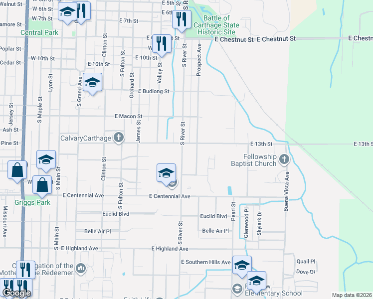 map of restaurants, bars, coffee shops, grocery stores, and more near 900-914 E 13th St in Carthage