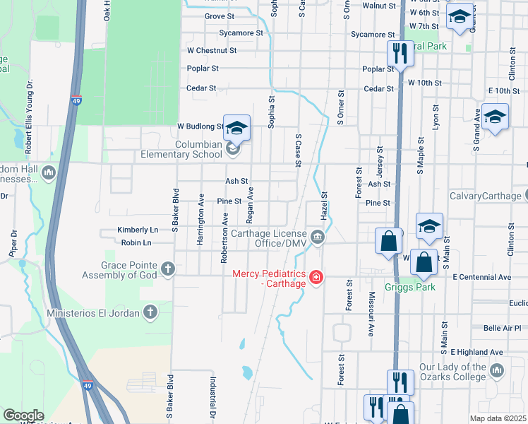 map of restaurants, bars, coffee shops, grocery stores, and more near 1302 Regan Avenue in Carthage