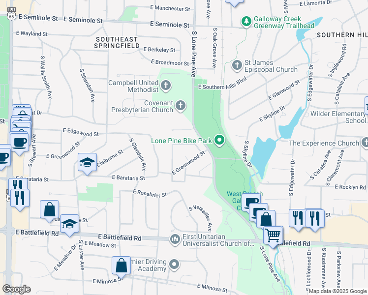 map of restaurants, bars, coffee shops, grocery stores, and more near 2444 East Edgewood Street in Springfield