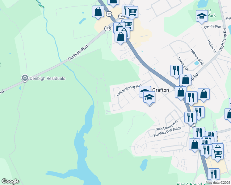 map of restaurants, bars, coffee shops, grocery stores, and more near 109 Barn Swallow Ridge in Yorktown