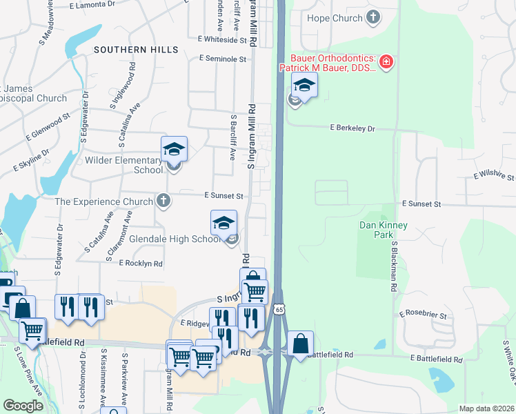 map of restaurants, bars, coffee shops, grocery stores, and more near 2612 South Glenview Avenue in Springfield