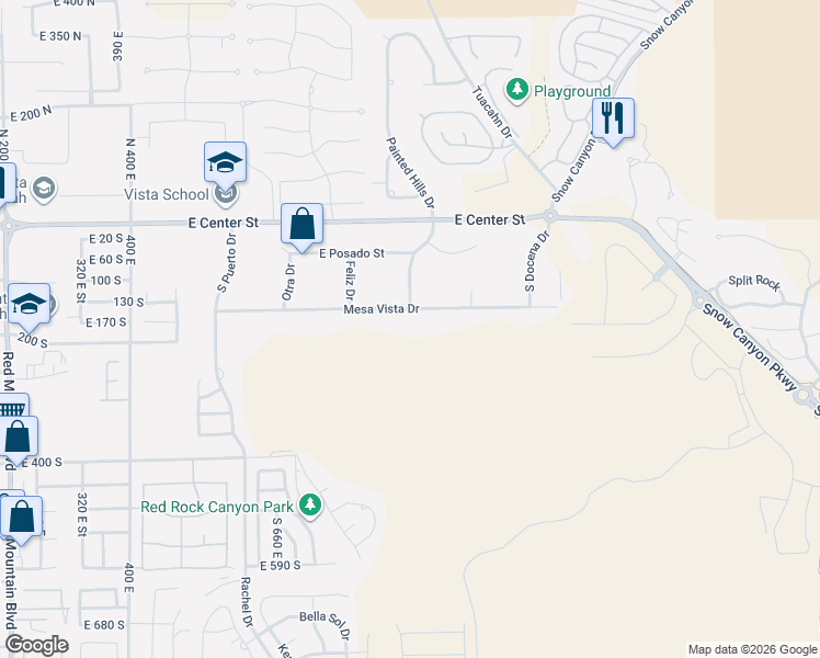map of restaurants, bars, coffee shops, grocery stores, and more near 896 East Mesa Vista Drive in Ivins