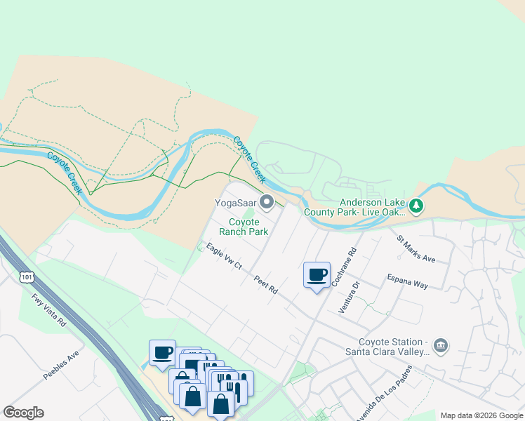 map of restaurants, bars, coffee shops, grocery stores, and more near 19098 Ravenswood Court in Morgan Hill