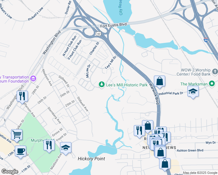 map of restaurants, bars, coffee shops, grocery stores, and more near 304 Rivers Ridge Circle in Newport News