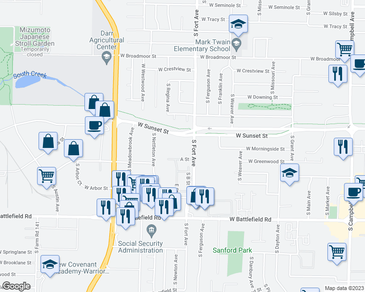 map of restaurants, bars, coffee shops, grocery stores, and more near 1302 West Sunset Street in Springfield