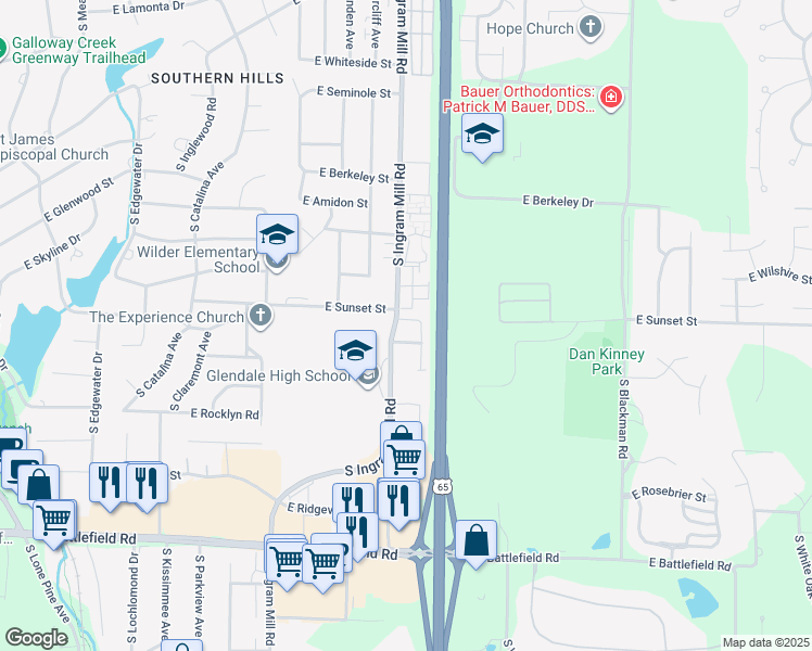 map of restaurants, bars, coffee shops, grocery stores, and more near 3412 East Sunset Street in Springfield