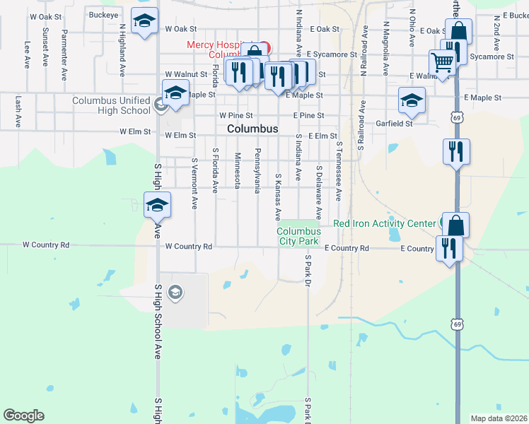 map of restaurants, bars, coffee shops, grocery stores, and more near 520 South Pennsylvania Avenue in Columbus