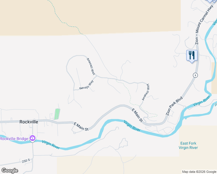 map of restaurants, bars, coffee shops, grocery stores, and more near Zuni Circle in ZION NATIONAL PARK