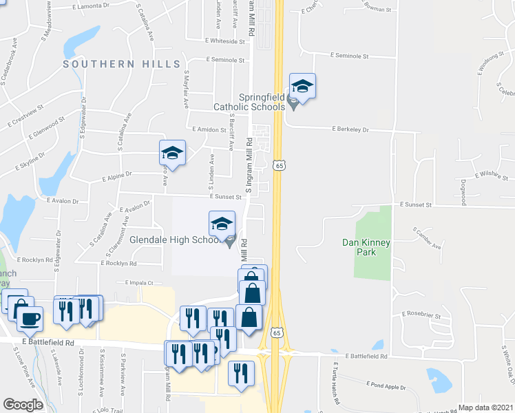 map of restaurants, bars, coffee shops, grocery stores, and more near 3418 East Sunset Street in Springfield