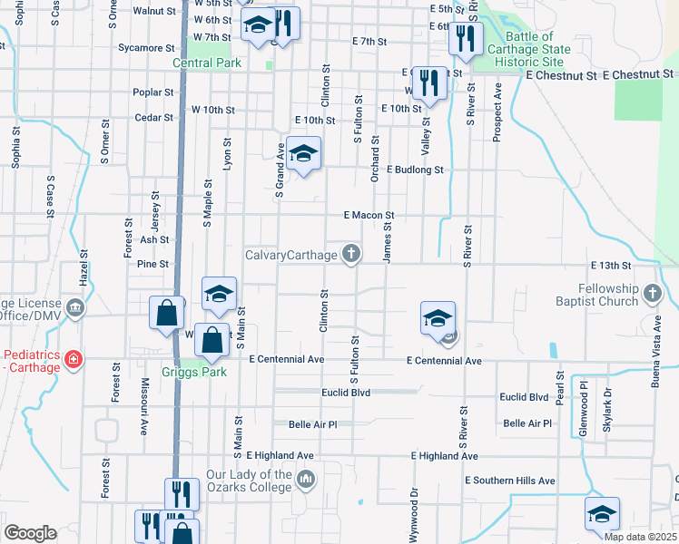 map of restaurants, bars, coffee shops, grocery stores, and more near 512 East 13th Street in Carthage