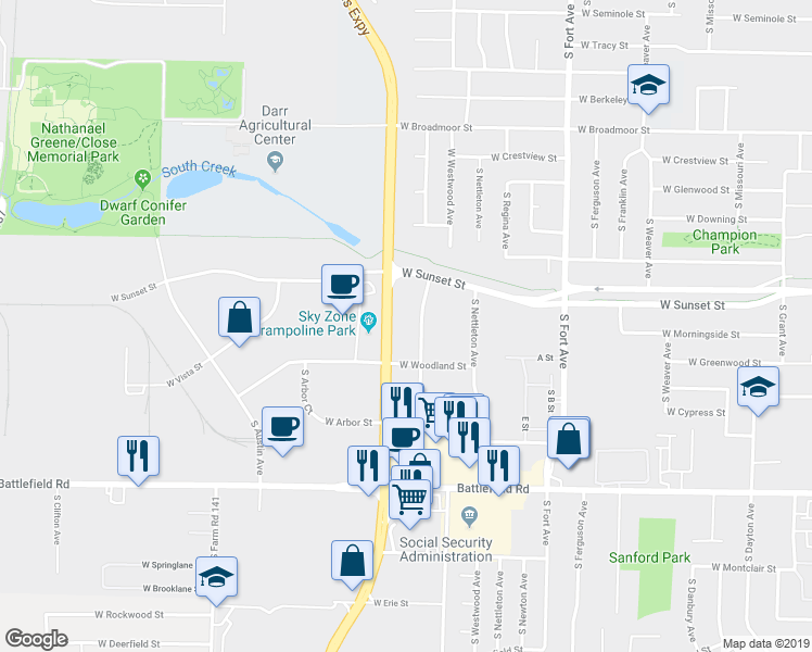 map of restaurants, bars, coffee shops, grocery stores, and more near 2723 S Meadowbrook Ave in Springfield
