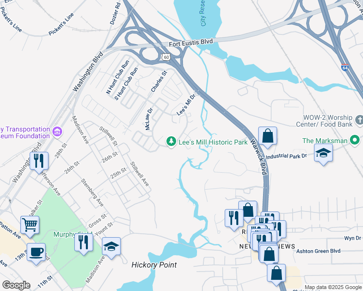 map of restaurants, bars, coffee shops, grocery stores, and more near 302 Rivers Ridge Circle in Newport News