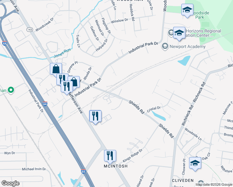 map of restaurants, bars, coffee shops, grocery stores, and more near 701 Shields Road in Newport News