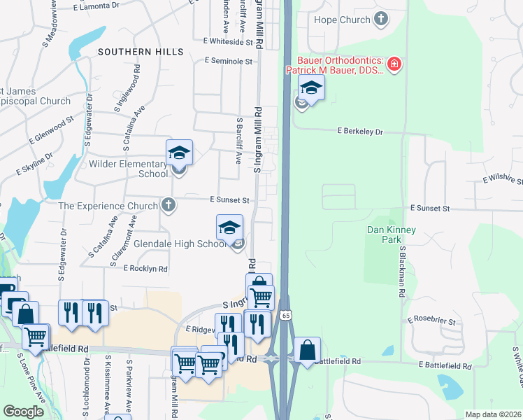 map of restaurants, bars, coffee shops, grocery stores, and more near 3390 East Sunset Street in Springfield