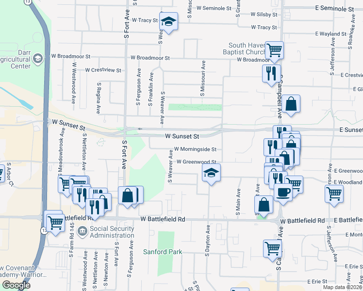 map of restaurants, bars, coffee shops, grocery stores, and more near 938 West Sunset Street in Springfield