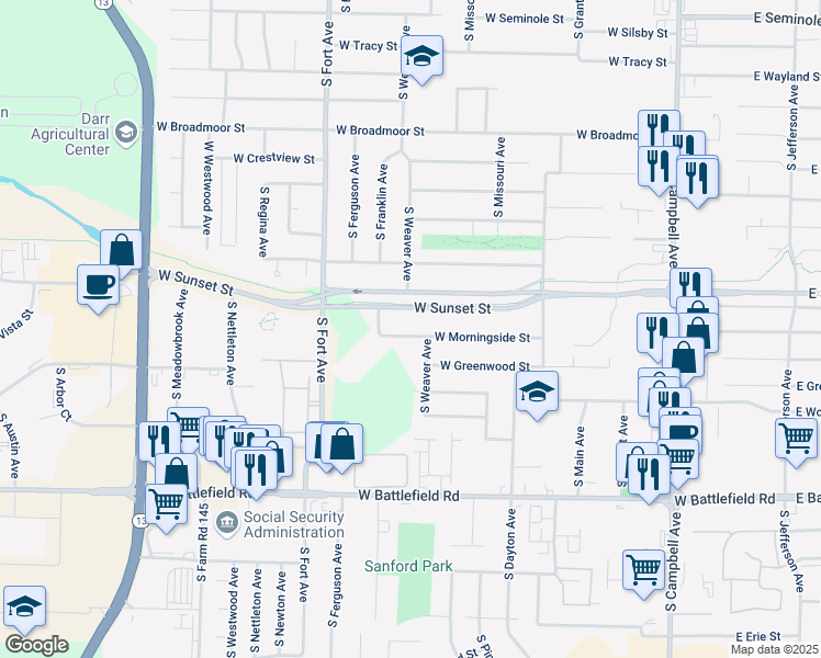map of restaurants, bars, coffee shops, grocery stores, and more near 1034-1104 West Sunset Street in Springfield