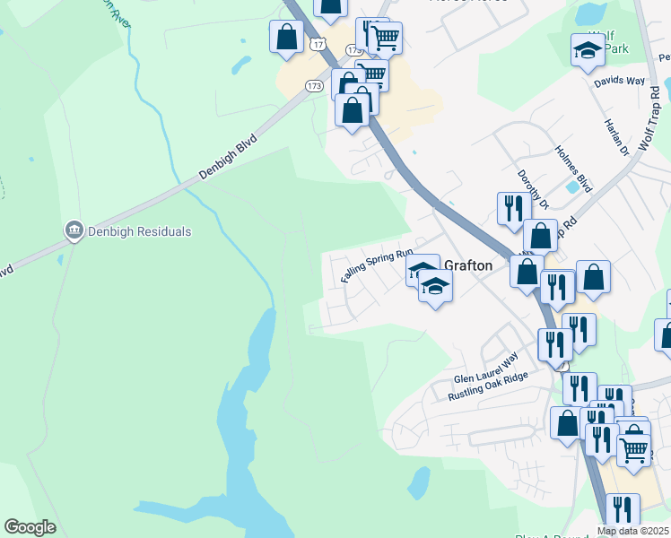 map of restaurants, bars, coffee shops, grocery stores, and more near 139 Barn Swallow Ridge in Yorktown