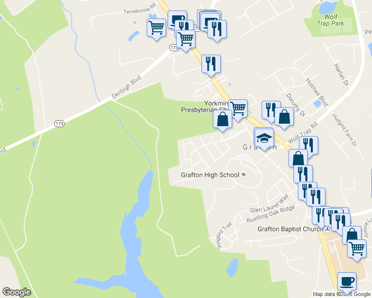 map of restaurants, bars, coffee shops, grocery stores, and more near 139 Barn Swallow Ridge in Yorktown