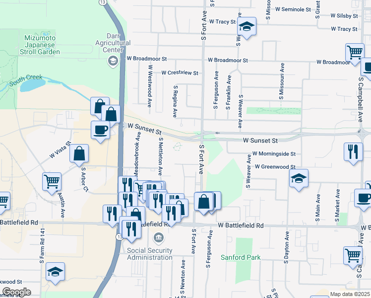 map of restaurants, bars, coffee shops, grocery stores, and more near 1302 West Sunset Street in Springfield