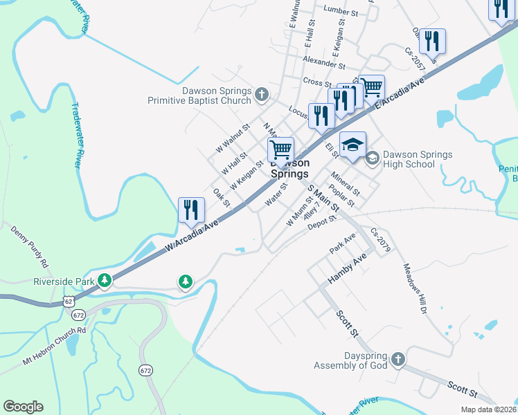 map of restaurants, bars, coffee shops, grocery stores, and more near 222 Water Street in Dawson Springs
