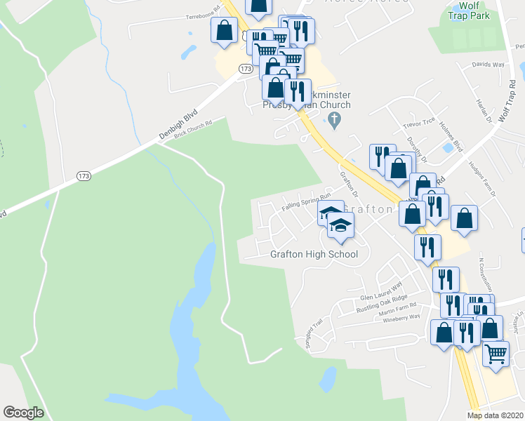 map of restaurants, bars, coffee shops, grocery stores, and more near 137 Barn Swallow Ridge in Yorktown