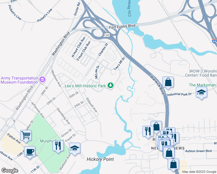 map of restaurants, bars, coffee shops, grocery stores, and more near 351 Rivers Ridge Circle in Newport News
