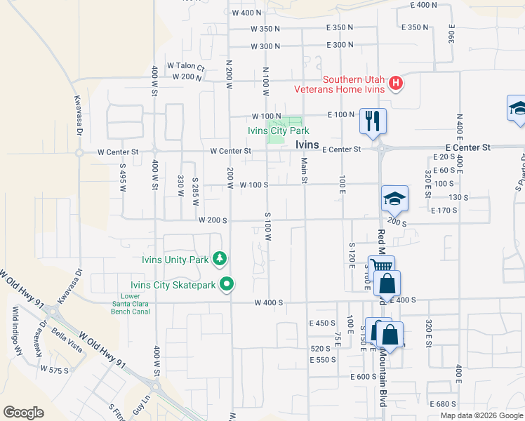 map of restaurants, bars, coffee shops, grocery stores, and more near 180 South 100 West in Ivins