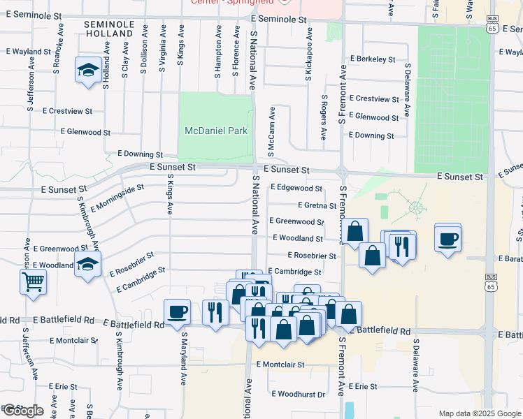 map of restaurants, bars, coffee shops, grocery stores, and more near 2710 South McCann Avenue in Springfield