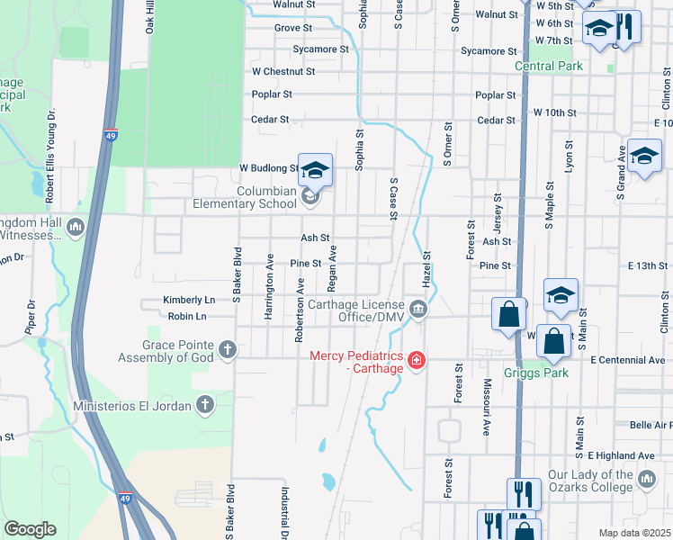 map of restaurants, bars, coffee shops, grocery stores, and more near 1302 Regan Avenue in Carthage