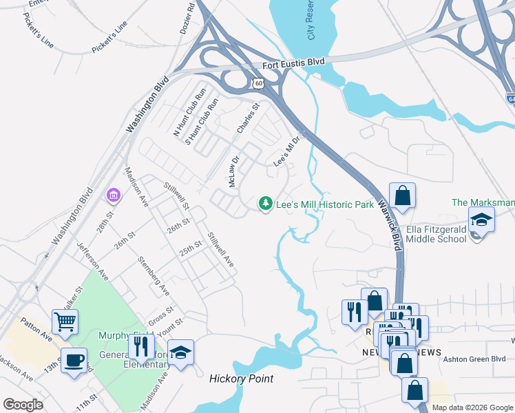map of restaurants, bars, coffee shops, grocery stores, and more near 102 McKnew Court in Newport News