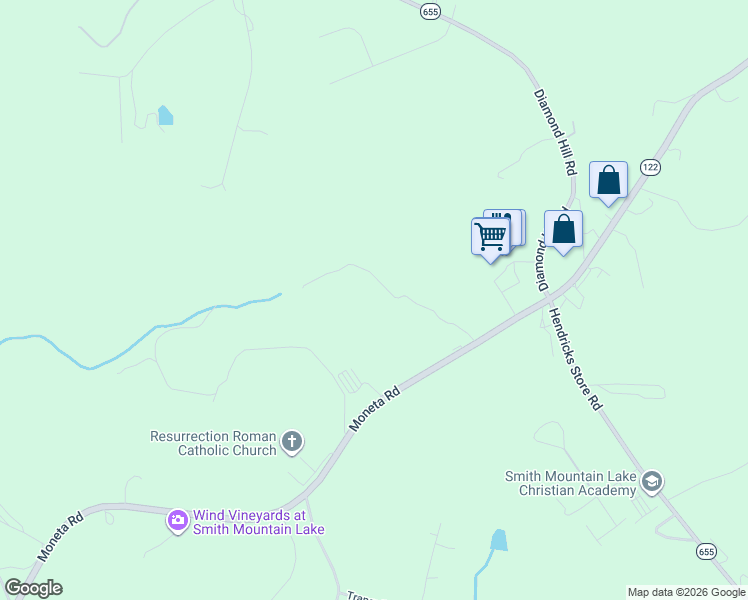 map of restaurants, bars, coffee shops, grocery stores, and more near 15093 Moneta Road in Moneta