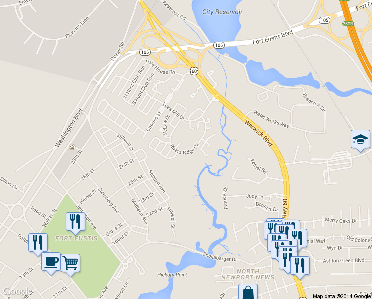 map of restaurants, bars, coffee shops, grocery stores, and more near 351 Rivers Ridge Circle in Newport News