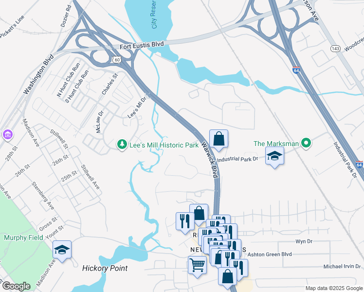 map of restaurants, bars, coffee shops, grocery stores, and more near 24 Bethel Road in Newport News