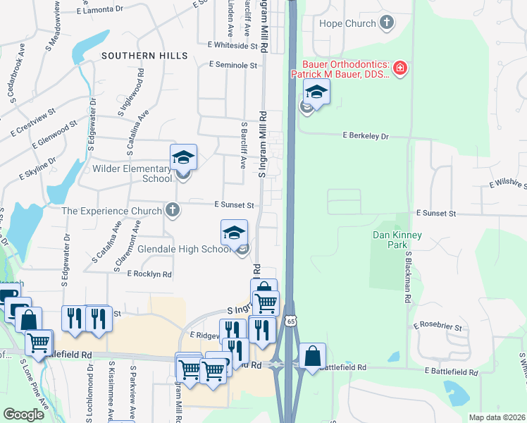 map of restaurants, bars, coffee shops, grocery stores, and more near 3390 East Sunset Street in Springfield
