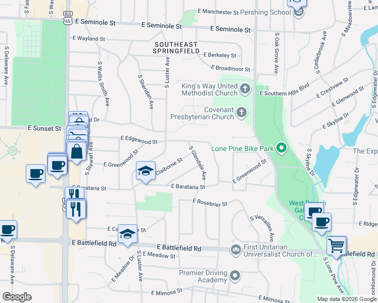 map of restaurants, bars, coffee shops, grocery stores, and more near in Springfield