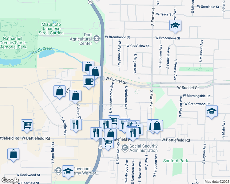 map of restaurants, bars, coffee shops, grocery stores, and more near 2723 South Meadowbrook Avenue in Springfield
