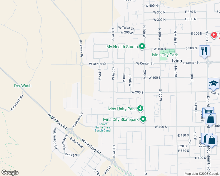 map of restaurants, bars, coffee shops, grocery stores, and more near 179 South 435 West in Ivins