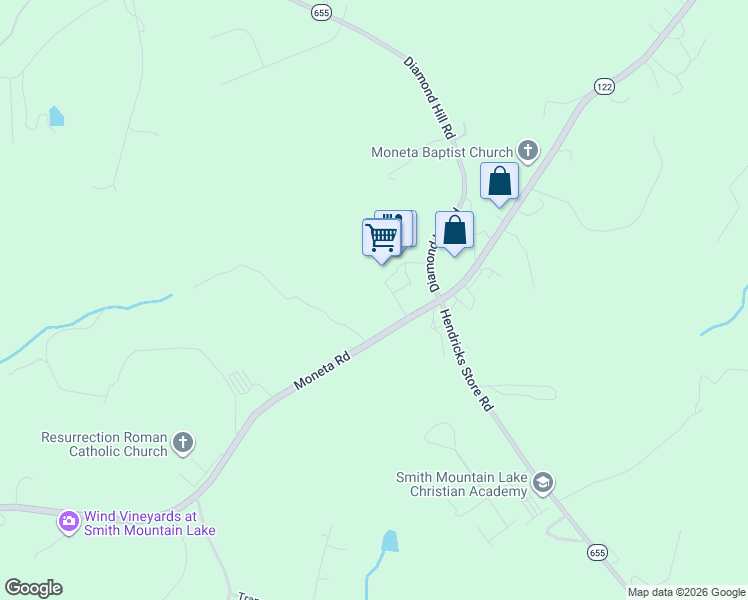 map of restaurants, bars, coffee shops, grocery stores, and more near 14801-14855 Moneta Road in Moneta
