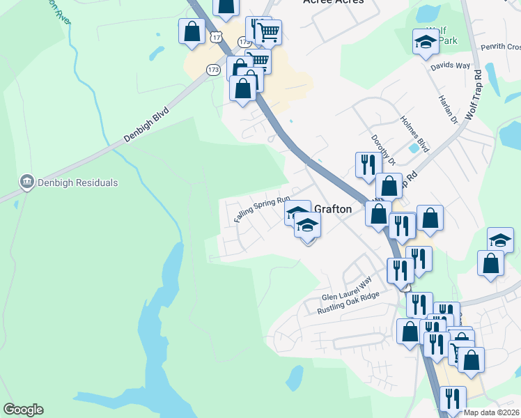 map of restaurants, bars, coffee shops, grocery stores, and more near 101 Tannin Bark Trail in Yorktown