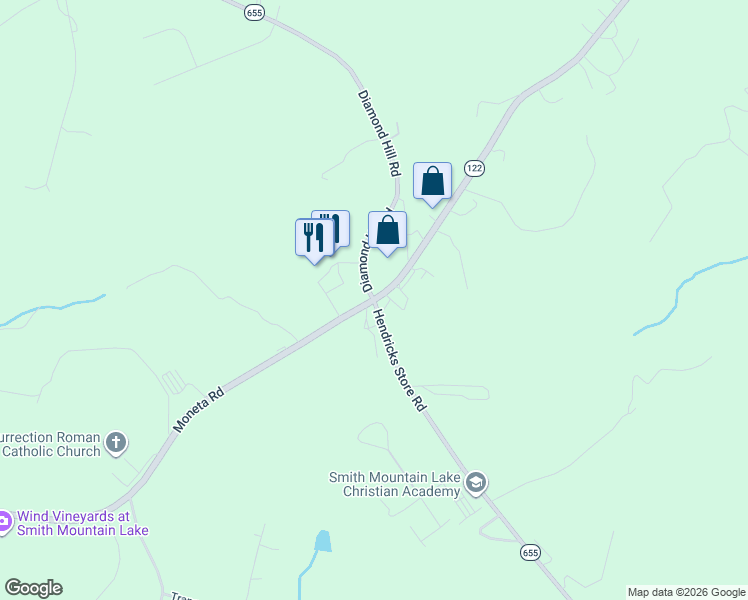 map of restaurants, bars, coffee shops, grocery stores, and more near State Route 655 in Moneta