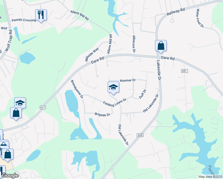 map of restaurants, bars, coffee shops, grocery stores, and more near 412 Whispering Pine Drive in Yorktown