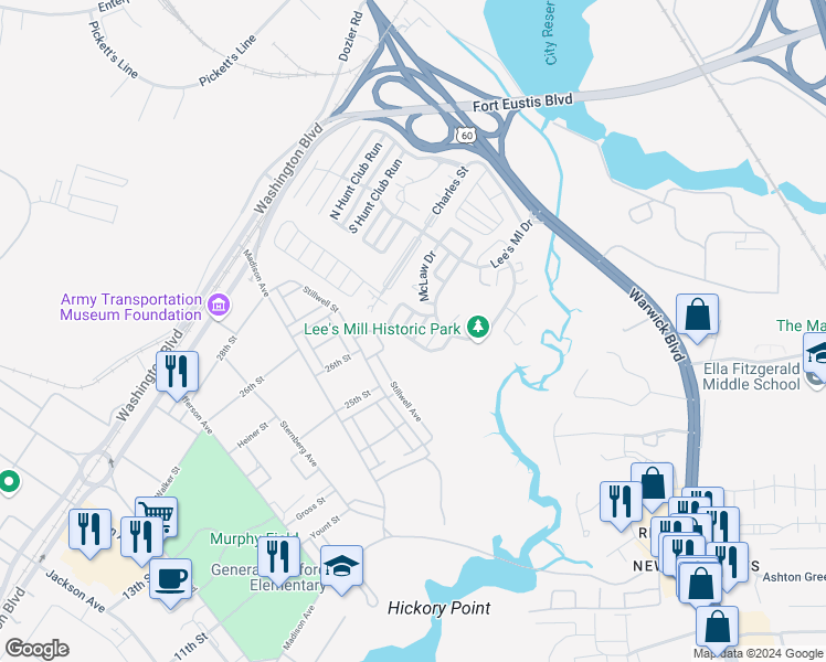 map of restaurants, bars, coffee shops, grocery stores, and more near 837 Rouse Road in Newport News
