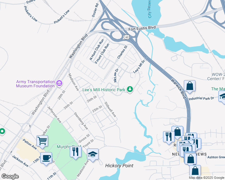 map of restaurants, bars, coffee shops, grocery stores, and more near 837 Rouse Road in Newport News