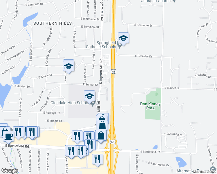 map of restaurants, bars, coffee shops, grocery stores, and more near 2612 South Glenview Avenue in Springfield