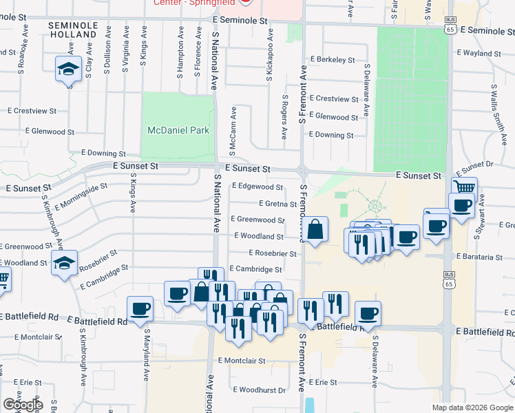 map of restaurants, bars, coffee shops, grocery stores, and more near 1278 East Gretna Street in Springfield