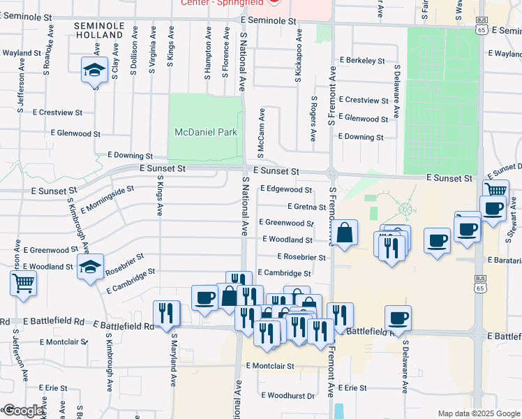 map of restaurants, bars, coffee shops, grocery stores, and more near 2710 South McCann Avenue in Springfield