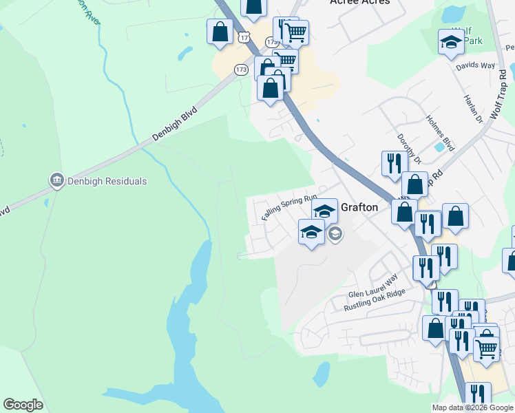map of restaurants, bars, coffee shops, grocery stores, and more near 109 Barn Swallow Ridge in Yorktown