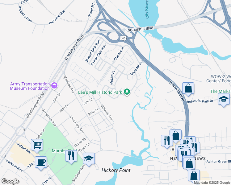 map of restaurants, bars, coffee shops, grocery stores, and more near 899 Page Place in Newport News