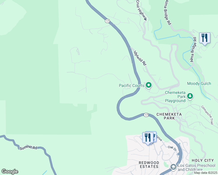map of restaurants, bars, coffee shops, grocery stores, and more near 20730 Brush Road in Los Gatos